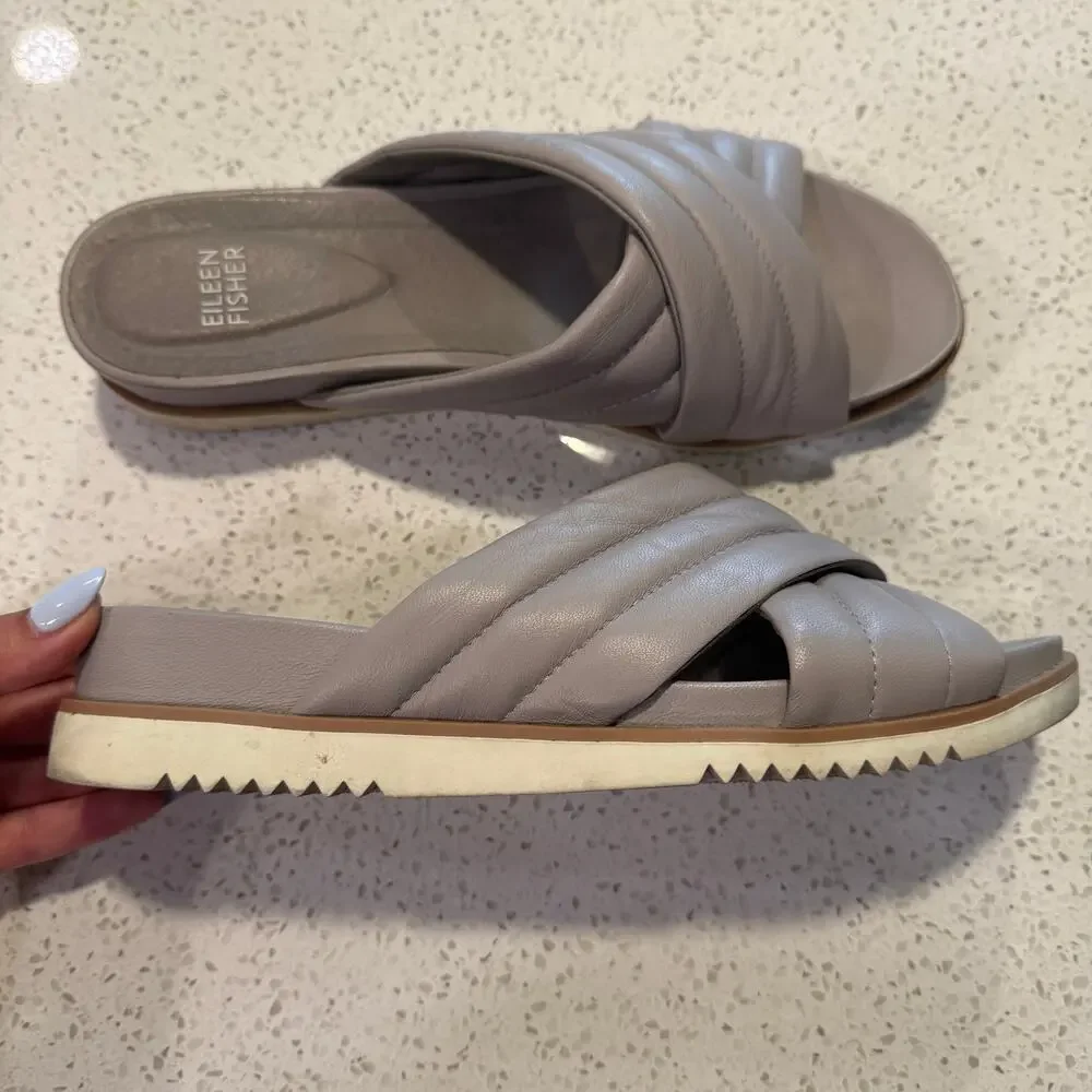Eileen Fisher Kye Nappa Leather Slide Sandals Gray 8.5 Padded Comfort Resort